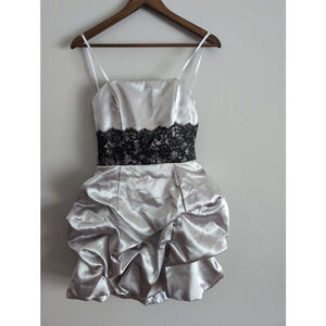 FIESTA Metallic Silver Bubble Hem Short Dress Lace Waist Women Sz S Wedding Prom